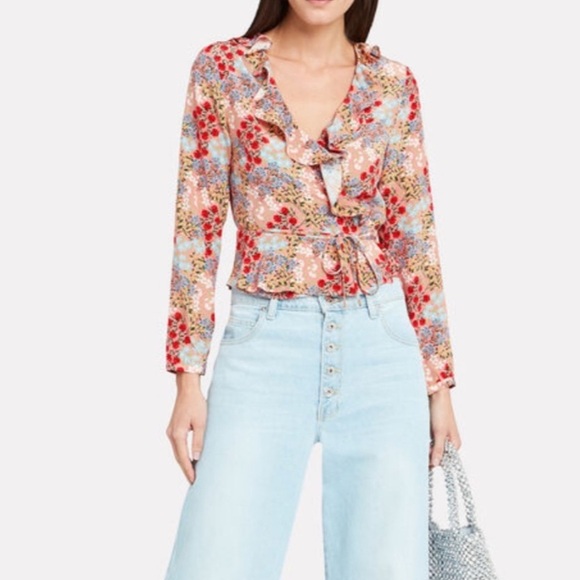 INTERMIX Silk printed Floral Ruffle Blouse Top Tie Front V-Neck Boho size 2 - Picture 15 of 16